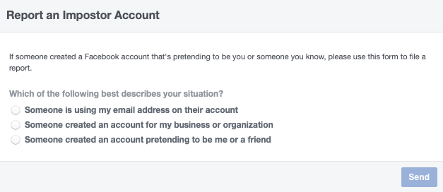 Screenshot of Facebook's Reporting an Imposter Account page.