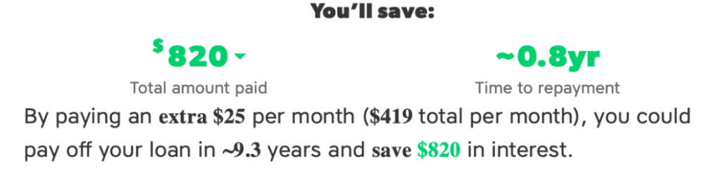 Screenshot showing the calculations behind saving $820 in interest