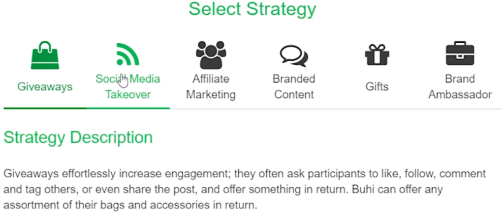 Screenshot of the strategies you can use for influencer marketing in Mimic Social