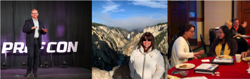 From left to right: Professor Scott Cowley speaking at ProfCon 2019, a professor in Yellowstone National Park, Professors networking in a conference room.