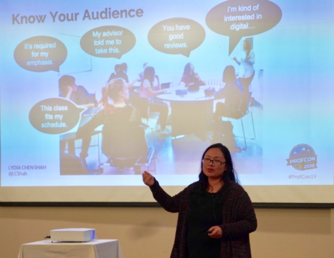 Lydia Chen Shah speaking in the breakout room at ProfCon 2019