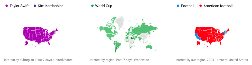 Three maps showing some of Google Trend's findings