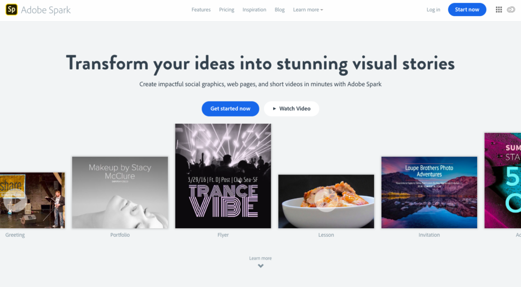 Adobe Spark home page