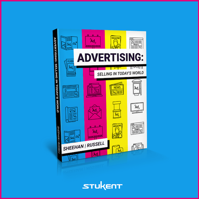"Advertising: Selling in Today's World" digital textbook cover over a blue background