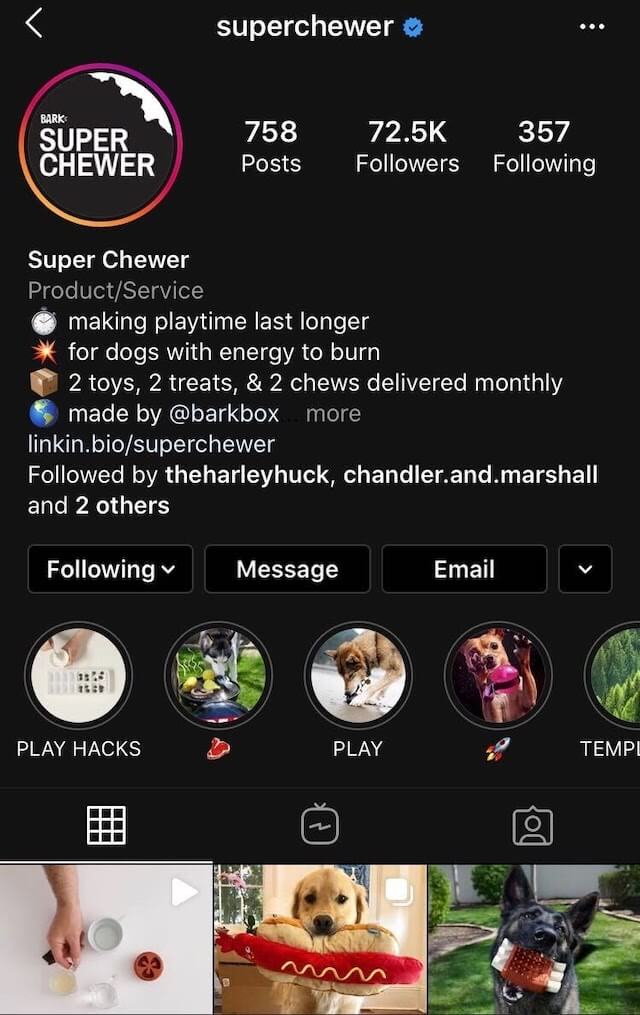 Screenshot of Super Chewer social media Instagram page. There are five featured saved Instagram Stories in view: PLAY HACKS, a steak emoji, PLAY, a rocket emoji, and TEMPLATES. 
