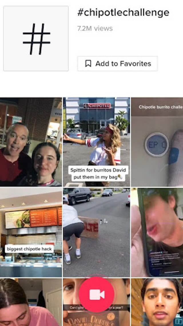 Screenshot of Chipotle hashtag on social media TikTok with a grid of top trending videos. 