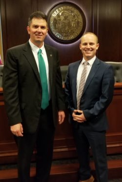 Michael Watson and Stuart Draper at the Idaho State Capital Building discussing how to get Idaho schools free access to financial literacy courseware. 