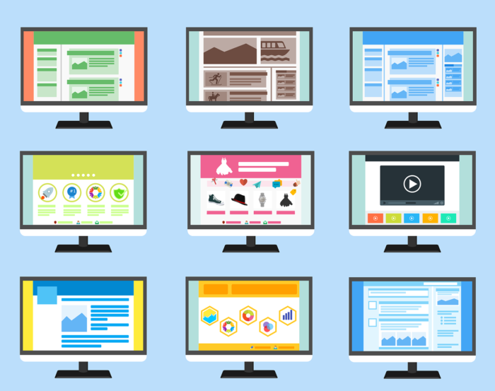 Digital graphic of 9 different desktop computers each open to different sites.