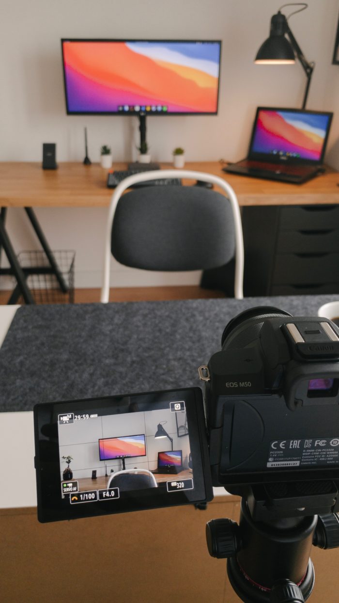 A room with a camera set up ready to record.