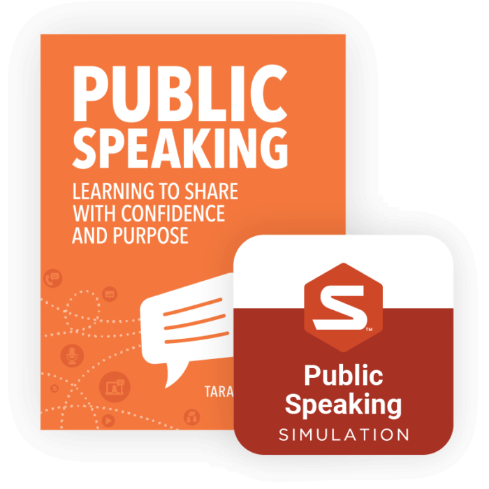 The cover of Public Speaking, along with the Public Speaking simulation. The cover is orange with a large white comment symbol and other small icons in dark orange, such as a microphone and a phone call.