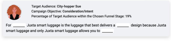 An image from the simulation. It shows a positioning statement activity that asks students to fill in the blanks, as follows. Target Audience: City-hopper Sue. Campaign Objective: Consideration/Intent. Percentage of Target Audience within the Chosen Funnel Stage: 19%. For [blank] Juxta smart luggage is the luggage that best delivers a [blank] design because Juxta smart luggage and only Juxta smart luggage allows you to [blank].