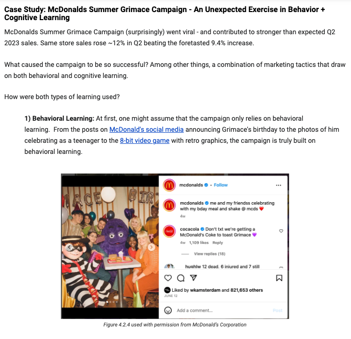 An example of a case study in the courseware. This one is about a McDonald's campaign. It describes the campaign, asks questions, includes links, and shows an image of a social media post.