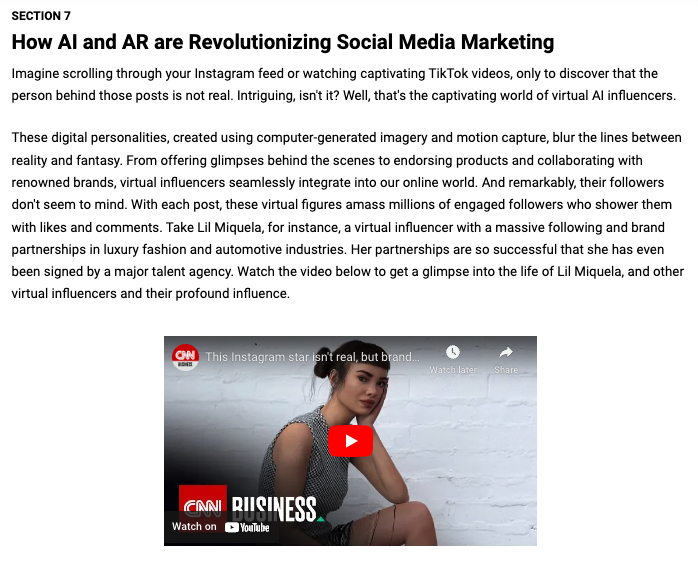 An example of new content about AI. It is a section in the courseware that discusses the impact of AI and AR on social media marketing. It includes a video as a real-world example.