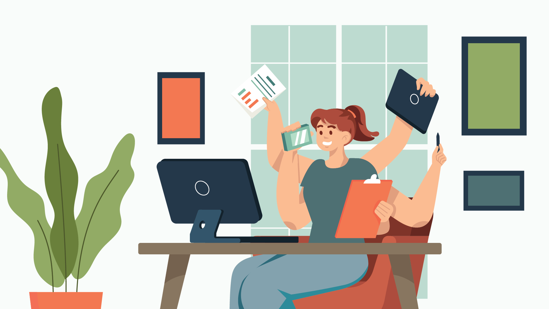 Illustration of a multitasking sales manager with multiple arms handling various tasks, including holding a clipboard, tablet, phone, pen, and documents, seated at a desk with a computer. The background includes framed wall art and a potted plant, symbolizing a dynamic and busy work environment