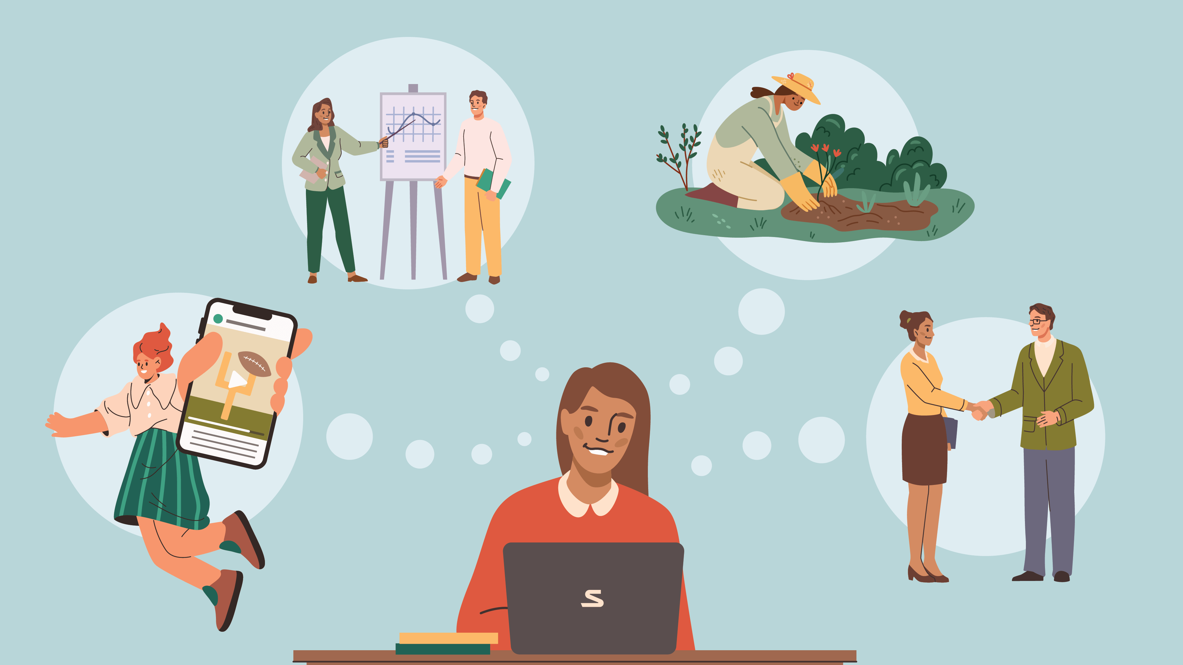Illustration of a woman at a laptop, imagining career paths like presenting, gardening, digital content, and professional networking.