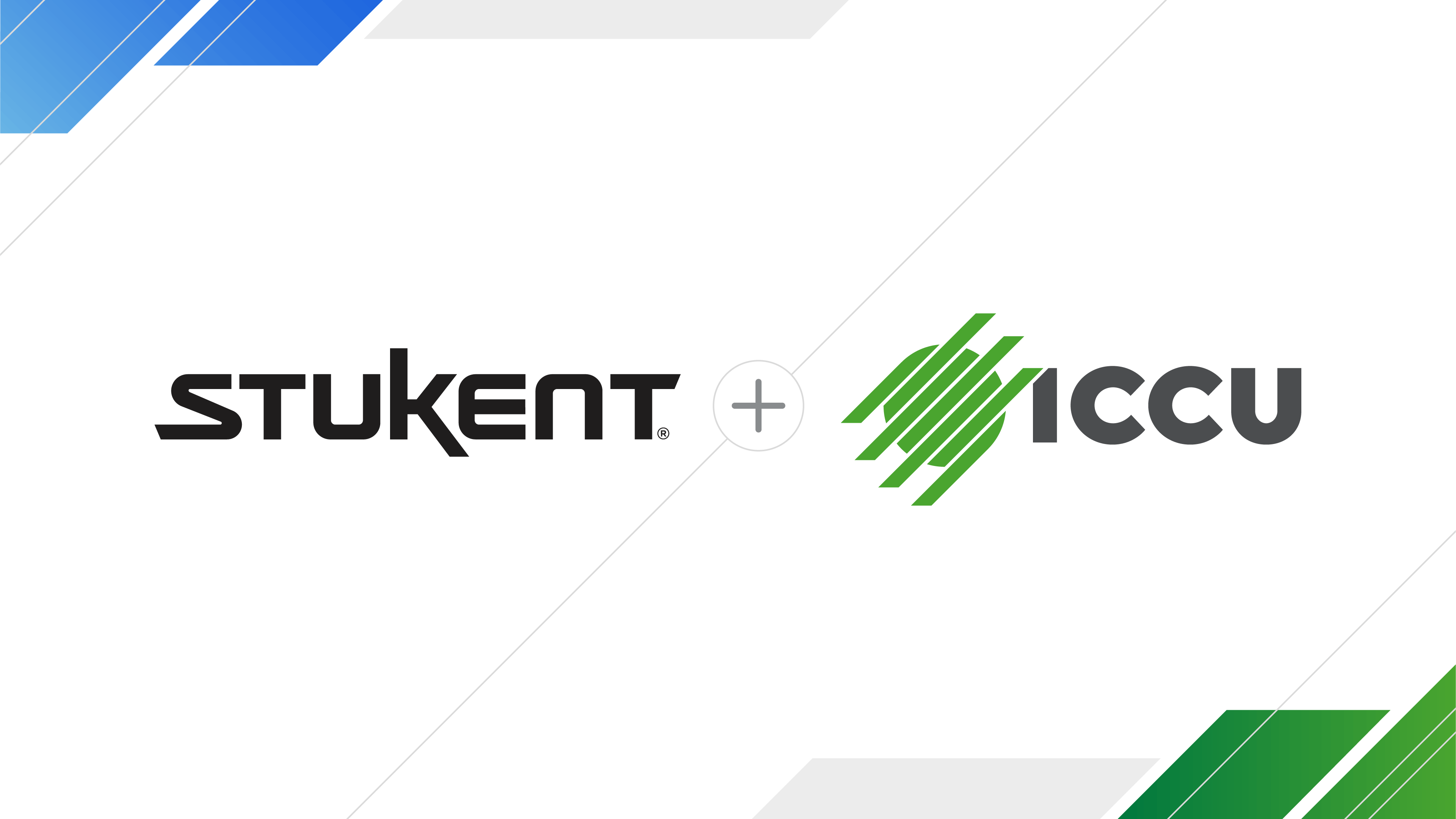 Logos of Stukent and ICCU side by side with a plus sign in the middle, symbolizing a partnership. The image features blue and green diagonal design elements in the corners.