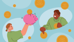 Illustration of two smiling people exchanging a pink piggy bank and golden coins with an "S" symbol, symbolizing saving money and financial literacy. Blue background with abstract shapes and floating coins.