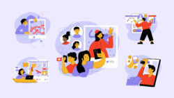 Illustration showing various aspects of influencer marketing, including people engaging with social media content, checking analytics, creating posts, shopping through mobile devices, and interacting with influencers. Bright, colorful cartoon-style visuals with elements like likes, followers, comments, and product promotions